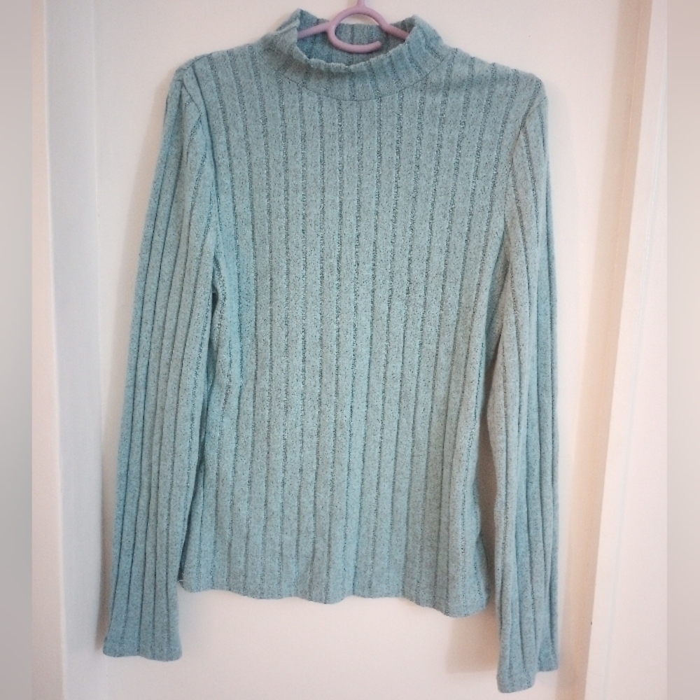 Pastel Teal Ribbed Knit Turtleneck Sweatshirt Size Tall Medium